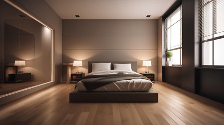Interior of modern bedroom with brown walls, wooden floor and comfortable king size bed. 3d renderingの素材