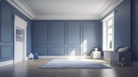 Modern interior with blue walls and wooden floor. 3d rendering.の素材