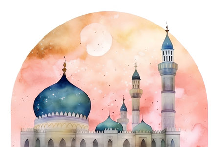 Watercolor illustration of mosque on the background of the night sky.の素材