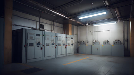 3d rendering of an old factory building interior with electrical equipment.の素材