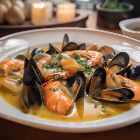 Seafood soup with prawns, mussels and squidの素材
