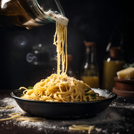 Spaghetti with pesto sauce and parmesan cheese on black backgroundの素材