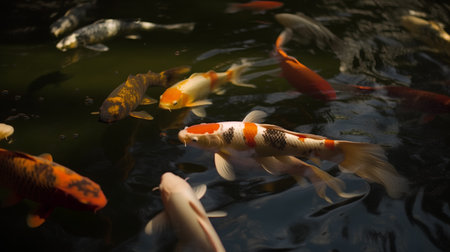 Koi fish swimming in the pond with reflection, closeup of photoの素材
