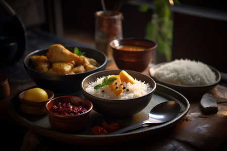 Rice with chicken and tikka masala on wooden backgroundの素材