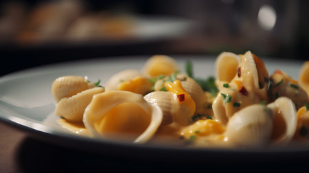 Pasta with butter cream and herbs on a white plate. Selective focus.の素材