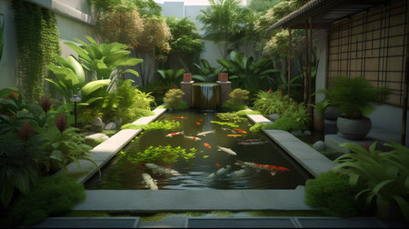 Koi pond in the garden with green plants and pond,3d renderの素材