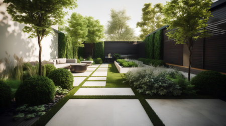 3d render of a modern house garden with a terrace.の素材