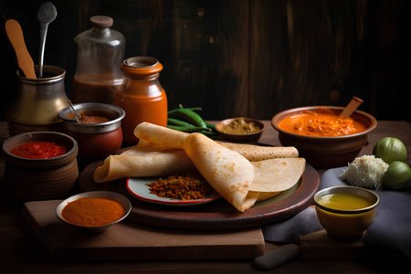 Thin pancakes with chutney and masala chutney on wooden backgroundの素材