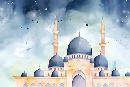 Mosque in the sky with clouds. Watercolor illustration. Hand drawnの素材
