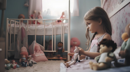 Cute little girl playing with dolls in children's room. Selective focusの素材