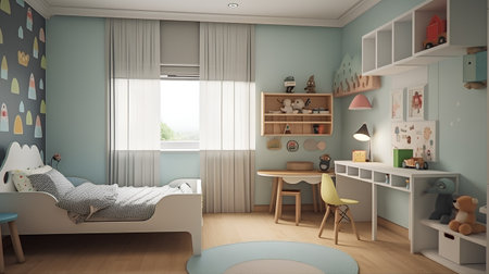 Interior of a children's room in pastel colors. 3d renderの素材