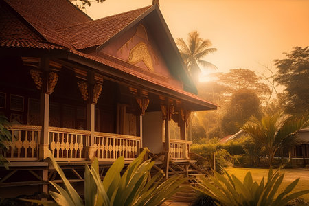 Traditional Thai style house in the garden at sunset, Bali, Indonesiaの素材