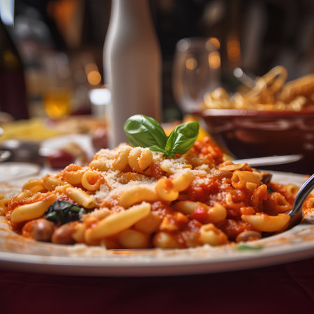 Pasta with tomato sauce and basil on a table in a restaurantの素材