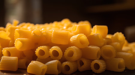 close up of uncooked italian pasta on wooden table with shallow depth of fieldの素材