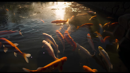 Koi fish swimming in the pond. Shallow depth of field.の素材