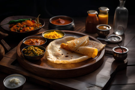 Tasty quesadilla with various sauces on a wooden tableの素材