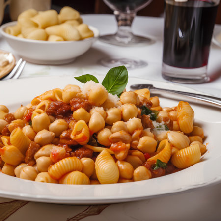 pasta with tomato sauce and chickpeas on a white plateの素材