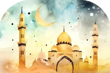 Watercolor illustration of mosque and moon. Ramadan Kareem background.の素材