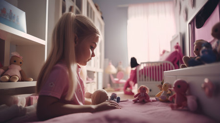 Cute little girl playing with toys in her room at home.の素材