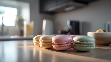 Macaroons on the table in the kitchen. Selective focus.の素材