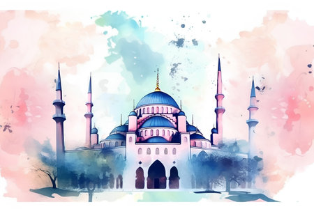 Illustration of the Blue Mosque in Istanbul, Turkey. Watercolor painting.の素材