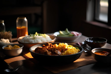 Traditional japanese food on a wooden table. Selective focus.の素材