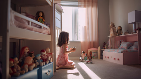 Cute little girl playing with toys in her room at home.の素材