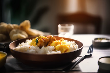 Chicken curry with rice in a bowl on a wooden table, selective focusの素材