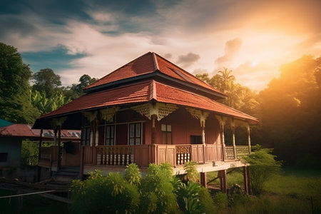 Beautiful old wooden house in tropical forest at sunset, Thailand.の素材