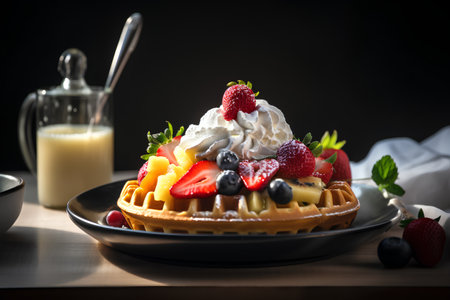 Belgian waffle with fresh berries and whipped cream on black backgroundの素材