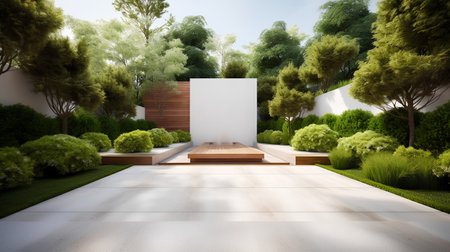 3d rendering of a modern garden design with white marble floor.の素材