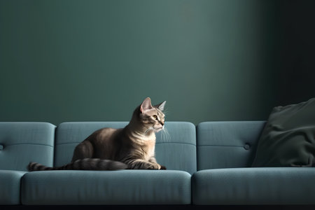 Portrait of a beautiful tabby cat sitting on a blue sofaの素材