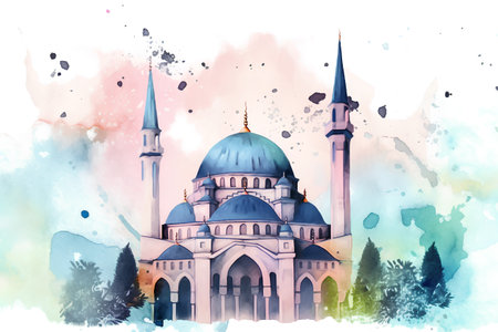 Watercolor hand drawn illustration of a mosque on watercolor background.の素材