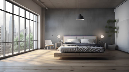 Modern bedroom interior with wooden floor, panoramic window and city view. 3D Renderingの素材