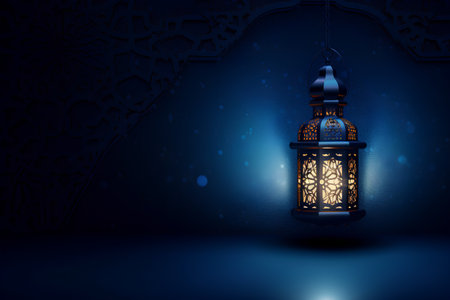 Lantern on dark background. Ramadan Kareem greeting card. 3D renderingの素材