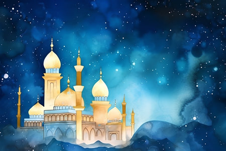 Illustration of the mosque on the background of the sky with starsの素材
