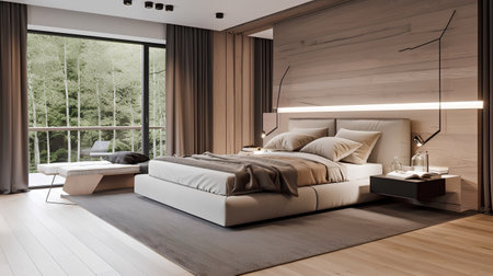 Luxury bedroom interior with wooden walls and wooden floor. 3d renderingの素材