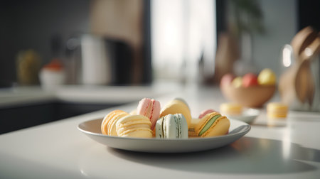 Colorful macaroons on a white plate in the kitchen.の素材
