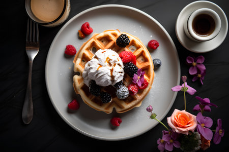 Waffles with fresh berries and whipped cream on a black background.の素材