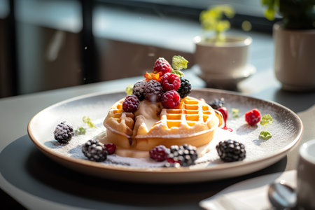 Belgian waffles with fresh berries on a plate in a cafeの素材