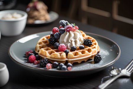 Belgian waffles with ice cream and fresh berries on a plateの素材