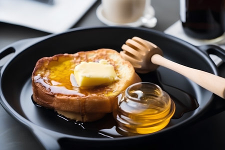 French toast with honey, butter and honey dipper on black plateの素材