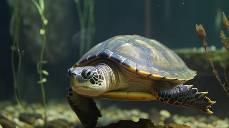 Turtle swimming in the aquarium, close-up view of headの素材