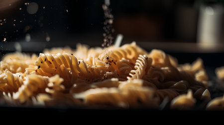 Fusilli pasta falling into a black plate with splashes of waterの素材