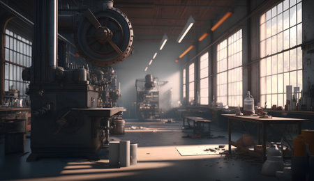 3d rendering of an industrial interior with a large industrial machine.の素材