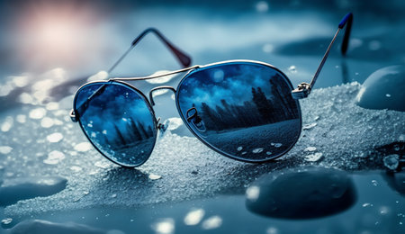 Sunglasses with blue lenses and reflection in water on blurred backgroundの素材