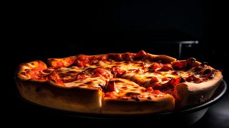 Pizza with mozzarella cheese and tomato on a black backgroundの素材