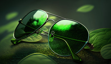 Sunglasses on green background with leaves. 3D illustration.の素材