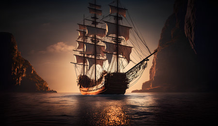 Sailing ship in the sea at sunset. 3d illustration.の素材