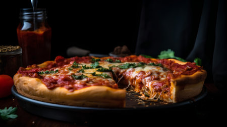 Pizza with mozzarella, tomatoes and basil on black backgroundの素材